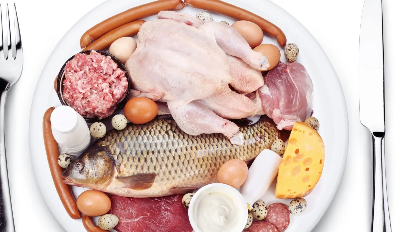 Fonti animali ricche di vitamina B12 disposte su un piatto: carne, pollo, pesce, uova, formaggio e latticini