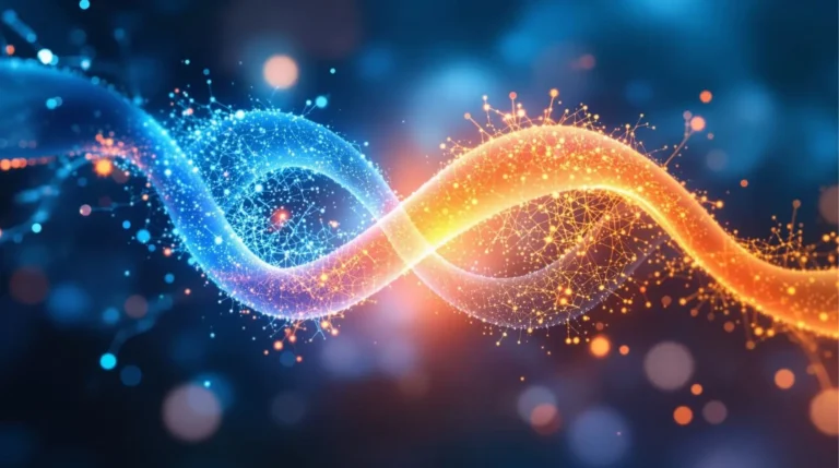 Rappresentazione astratta dell’equilibrio tra glucagone e insulina con flussi energetici blu e arancio intrecciati, simbolo della regolazione del metabolismo e della glicemia