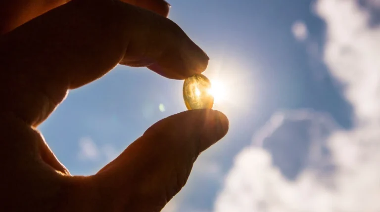 Mano che tiene una capsula di vitamina D in controluce davanti al sole, simbolo di sintesi naturale e integrazione.