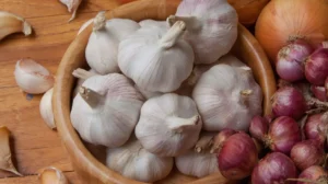 Ciotola con teste d’aglio e cipolle, alimenti naturali ricchi di composti solforati e fitocomposti dello zolfo con proprietà antiossidanti.
