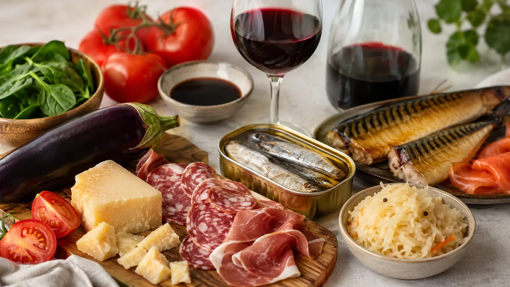 Alimenti ricchi di istamina come formaggi stagionati, salumi, pesce conservato, vino rosso e crauti