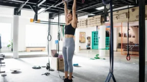 Persona appesa alla sbarra per rinforzare la presa e la stabilità scapolare