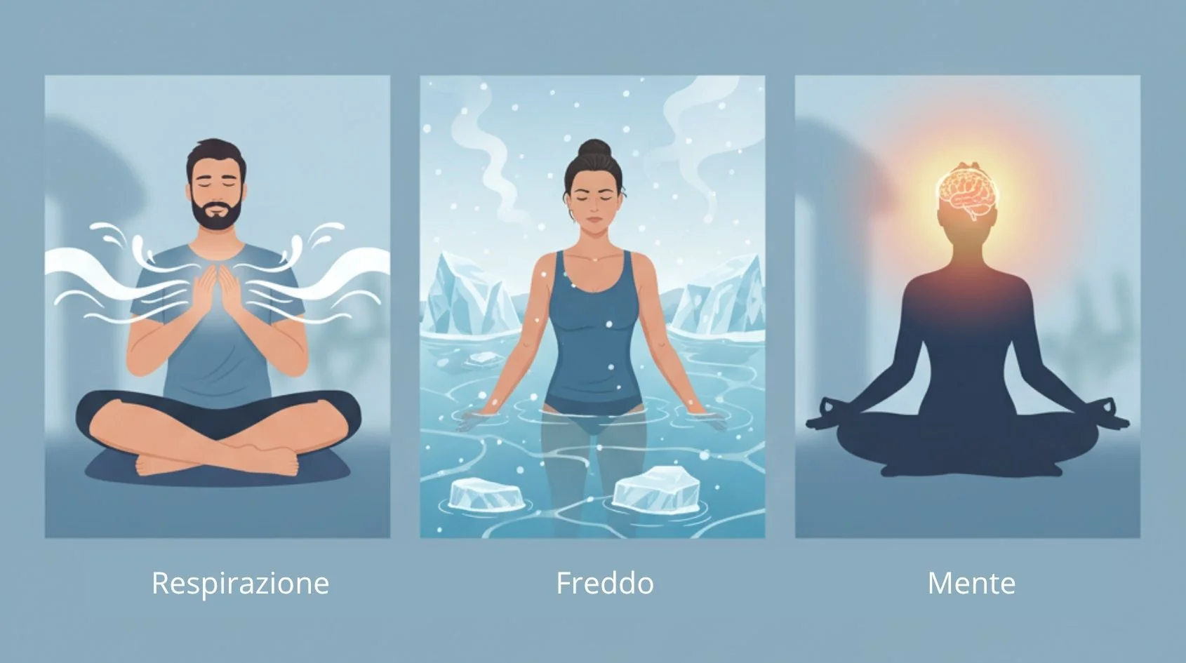 Illustrazione pseudo-realistica dei tre pilastri del Metodo Wim Hof che rappresenta respirazione, freddo e mente