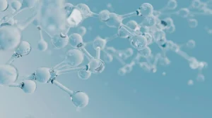 Illustrazione astratta di molecole su sfondo azzurro, simbolo dei processi biochimici della matrice extracellulare