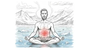 Ritratto simbolico di Wim Hof immerso nel ghiaccio mentre respira profondamente, con atmosfera intensa