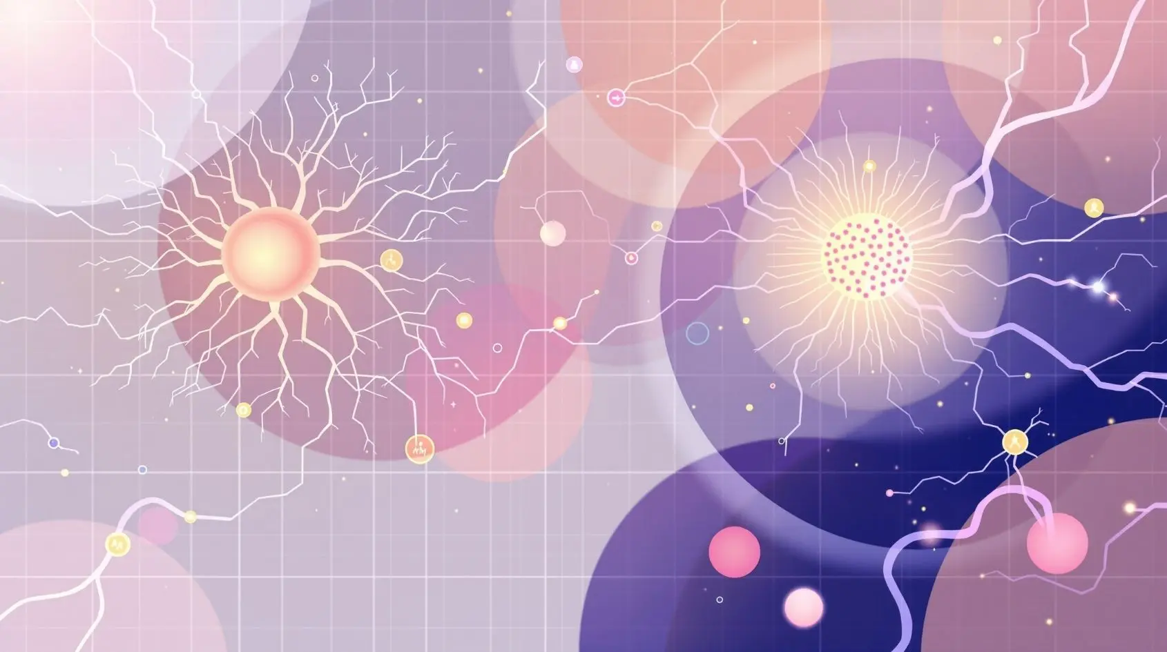 Illustrazione astratta con neuroni stilizzati e segnali energetici su sfondo scientifico