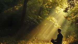 Persona che pratica mindfulness nel bosco con raggi di luce tra gli alberi, simbolo di calma e consapevolezza interiore