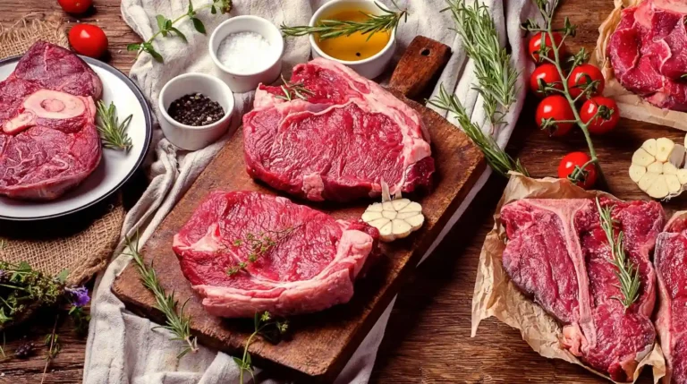 Tagli di carne rossa cruda su tagliere con rosmarino, aglio, pomodori e spezie