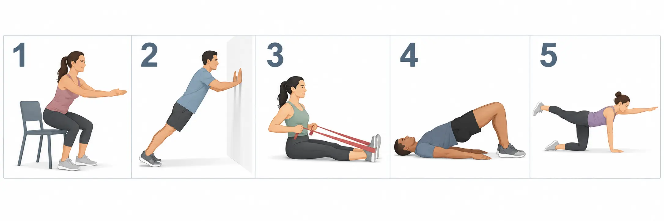 Scheda visuale degli esercizi numerati nella tabella precedente: 1 alzata dalla sedia, 2 flessioni al muro, 3 rematore con elastico, 4 ponte glutei, 5 bird dog.