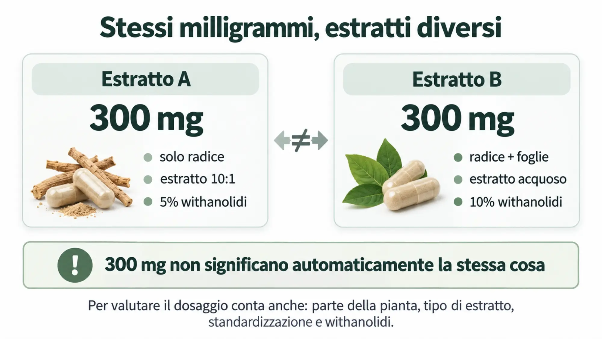 Infografica che confronta due estratti di Ashwagandha da 300 mg con caratteristiche diverse