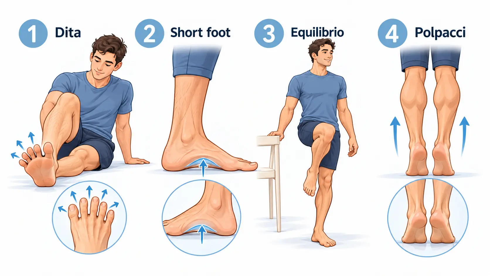 Scheda illustrata con quattro esercizi barefoot: controllo delle dita, short foot, equilibrio su una gamba e sollevamenti sui polpacci