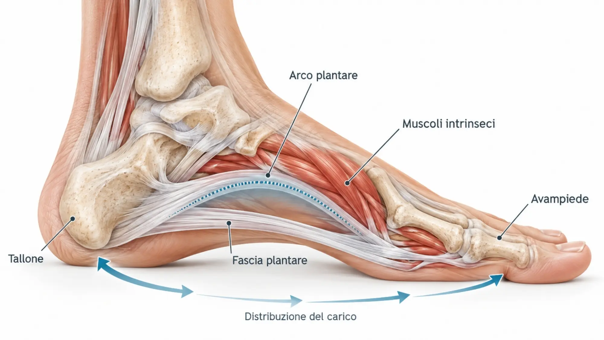 Illustrazione anatomica laterale del piede con muscoli, ossa, tendini, fascia plantare e arco longitudinale