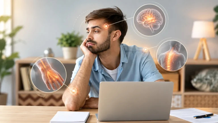Uomo affaticato con richiami visivi a concentrazione, sistema nervoso e formicolii nella carenza di vitamina B12