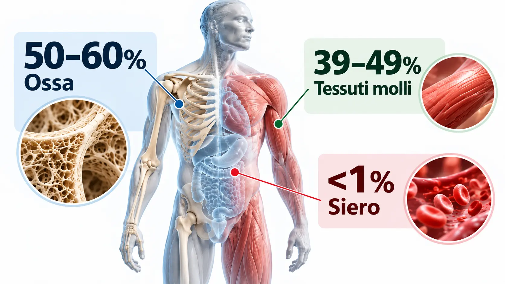 Diagramma della distribuzione del magnesio nell'organismo umano: 50–60% nelle ossa, 39–49% nei tessuti molli e meno dell'1% nel siero.