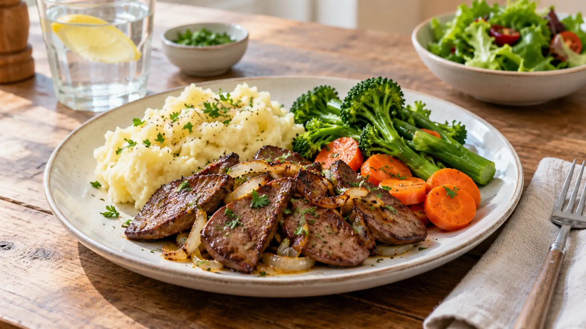 Fegato cotto con cipolle, purè di patate e verdure