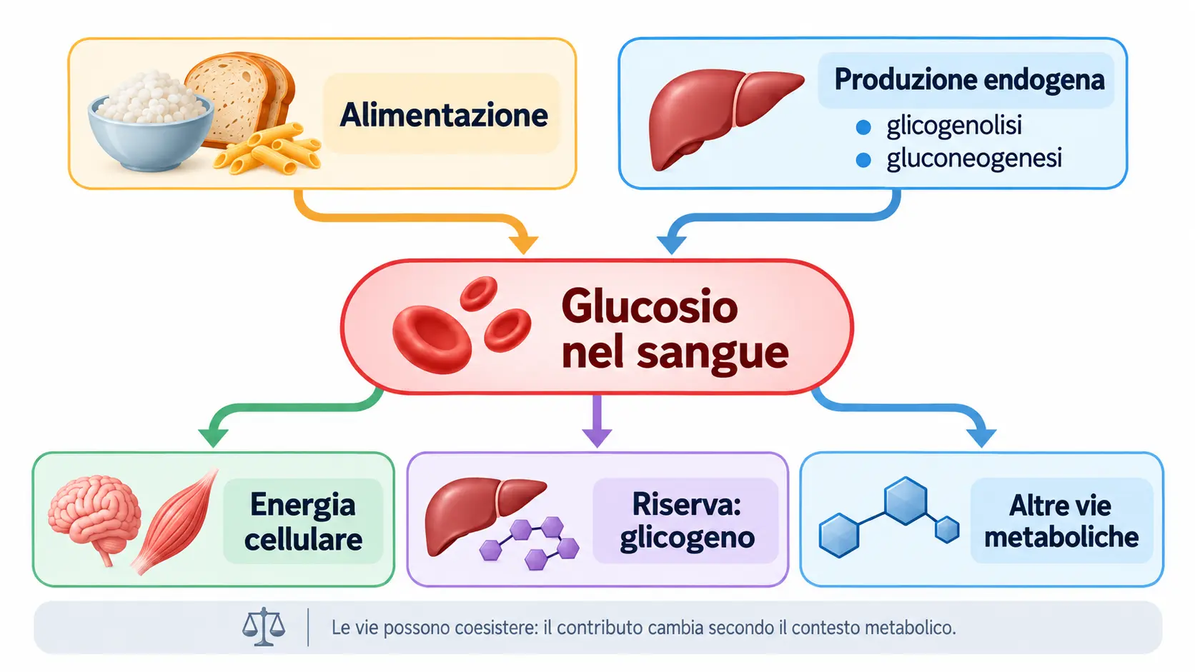 Schema delle fonti alimentari e della produzione endogena di glucosio, con i principali destini metabolici: energia cellulare, glicogeno e altre vie.