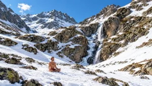Uomo a torso nudo seduto in posizione meditativa sulla neve, circondato da montagne rocciose e cascate.