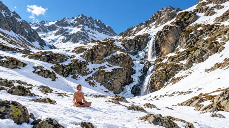 Uomo a torso nudo seduto in posizione meditativa sulla neve, circondato da montagne rocciose e cascate.