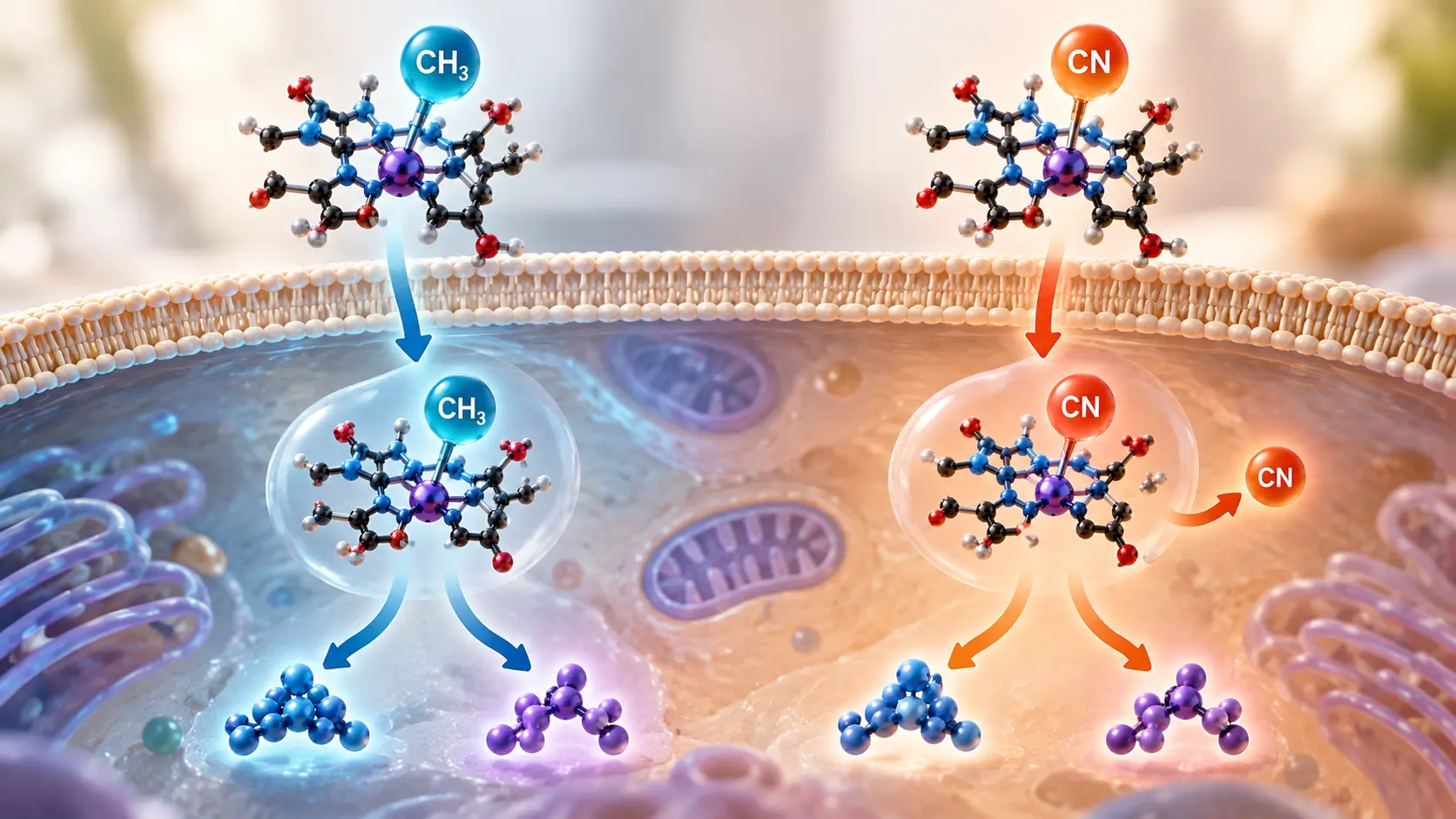 Diagramma del processamento cellulare di metilcobalamina e cianocobalamina con rimozione del gruppo ciano dalla cianocobalamina