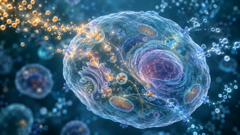 Illustrazione scientifica di una cellula semitrasparente con organelli visibili e segnali molecolari luminosi che attraversano la membrana.