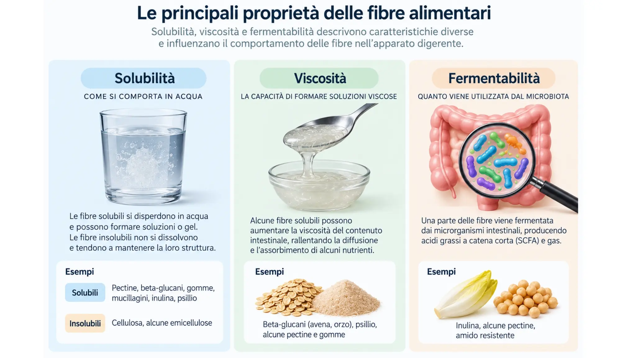 Schema delle proprietà delle fibre alimentari: solubilità, viscosità e fermentabilità