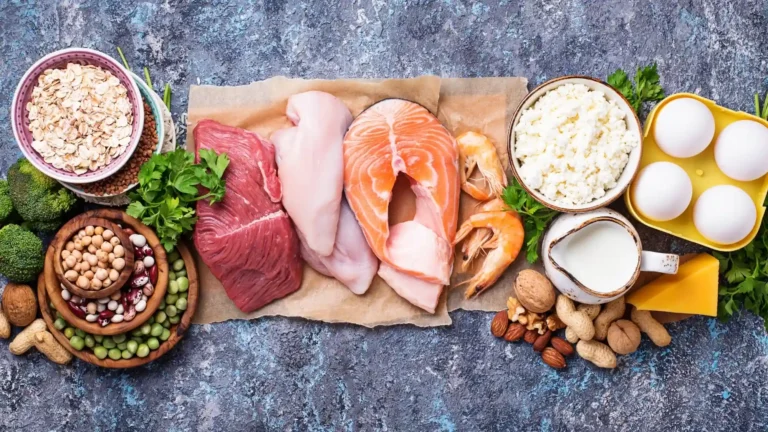 Vista dall'alto di carne rossa, petto di pollo, salmone, gamberi, uova, latticini, legumi, fiocchi d'avena, frutta a guscio e broccoli disposti su un piano in pietra.