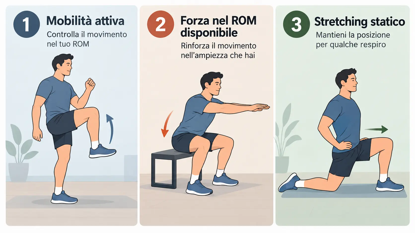 Illustrazione di tre esercizi: sollevamento attivo del ginocchio, squat assistito con sedia e stretching dei flessori dell'anca