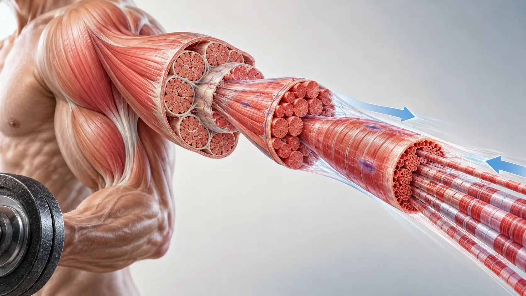 Illustrazione anatomica del muscolo scheletrico con sezione dei fasci muscolari, fibre e miofibrille
