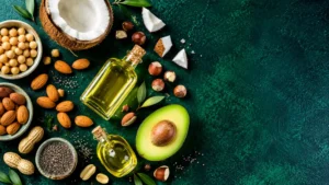 Avocado, oli vegetali, cocco, frutta secca e semi disposti su uno sfondo verde petrolio