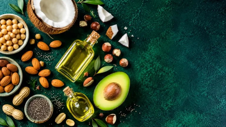 Avocado, oli vegetali, cocco, frutta secca e semi disposti su uno sfondo verde petrolio