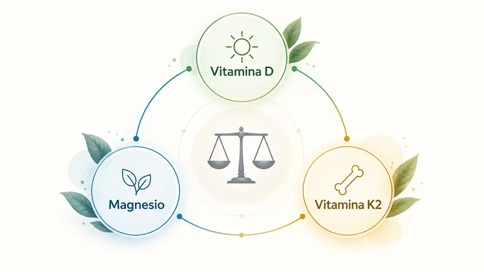 Illustrazione della sinergia tra vitamina D, magnesio e vitamina K2, rappresentati attorno a una bilancia simbolo dell'equilibrio fisiologico.