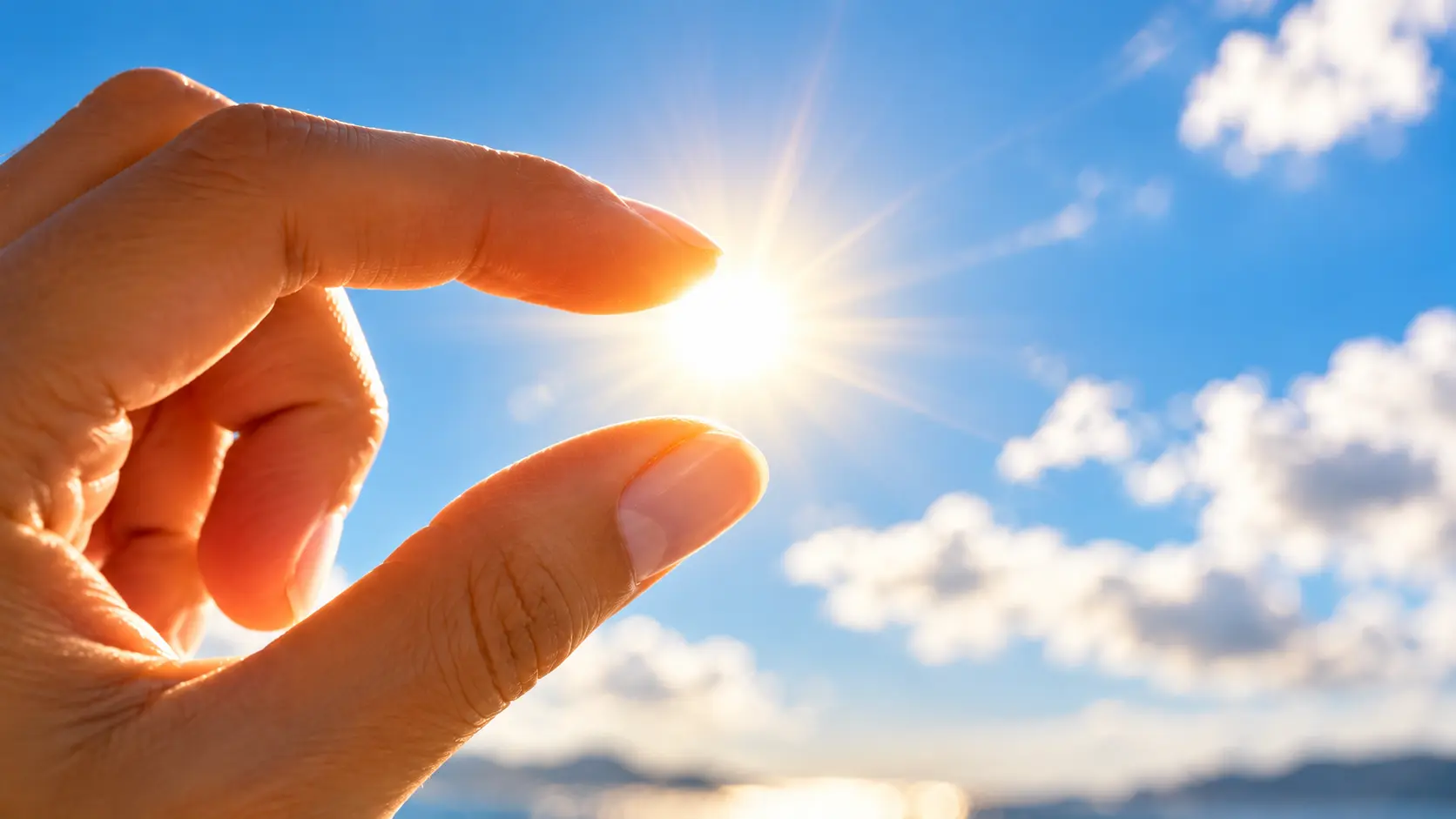 Mano che inquadra il sole tra due dita nel cielo azzurro
