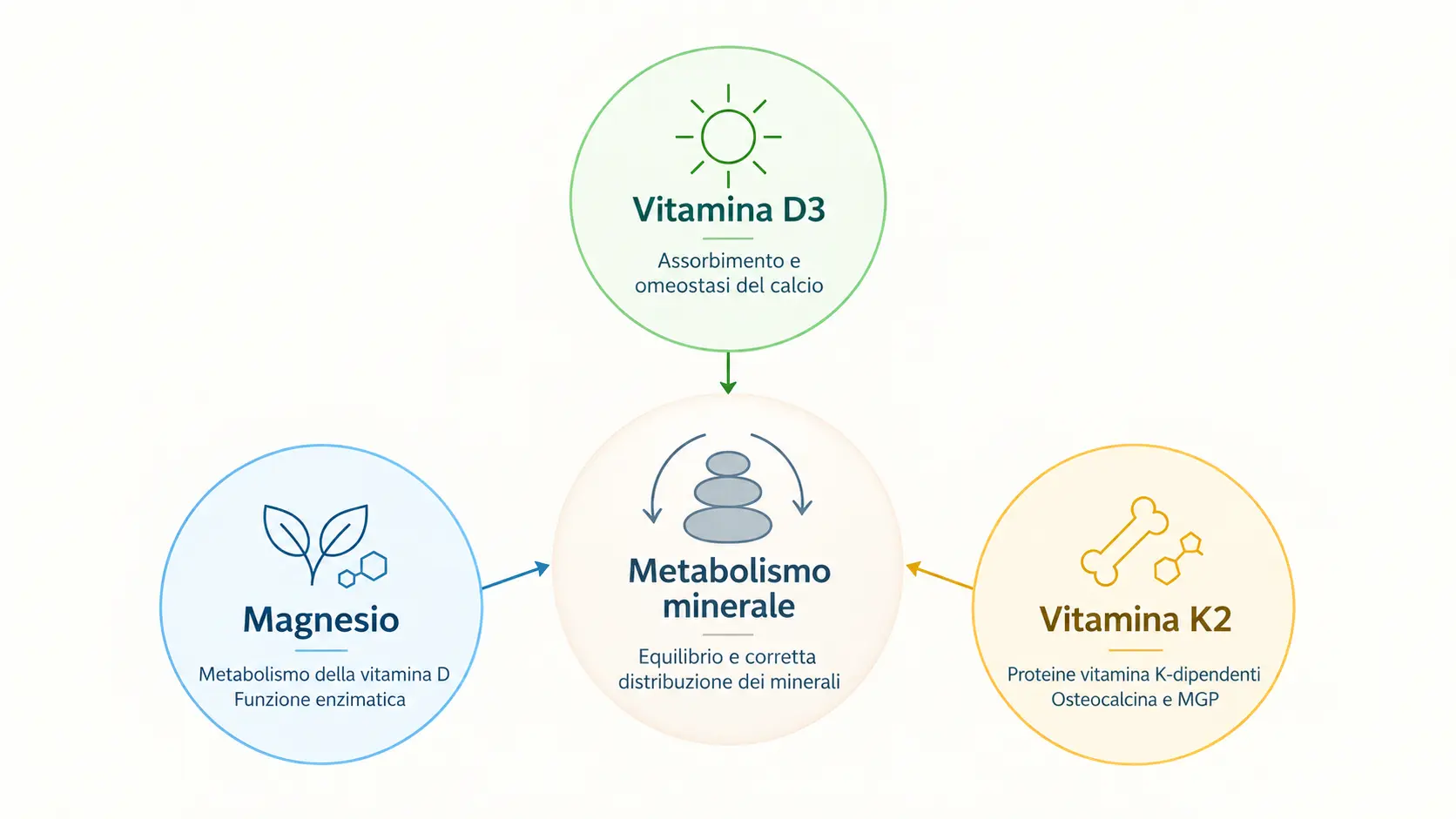 Diagramma dei ruoli complementari di vitamina D3, K2 e magnesio nel metabolismo minerale, con tre elementi collegati a un cerchio centrale.