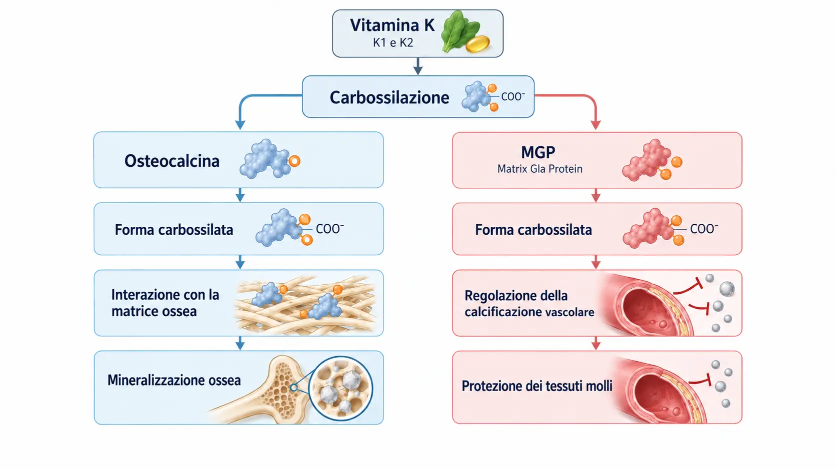 Diagramma della vitamina K e dei due percorsi di carbossilazione: osteocalcina per la matrice ossea e MGP per la regolazione della calcificazione vascolare.